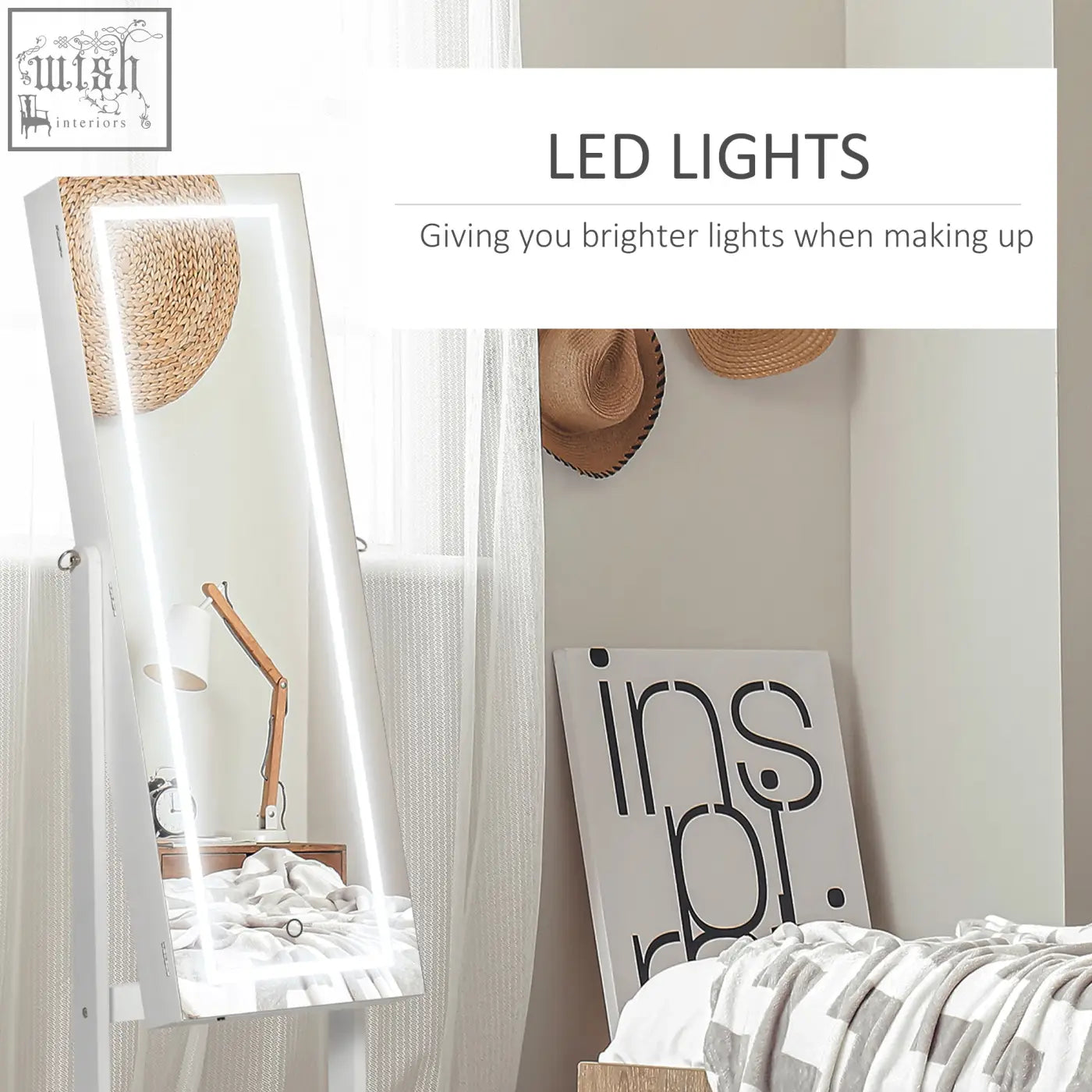 Homcom white jewellery cabinet with full-length LED light mirror earring slots and necklace hooks for bedroom use