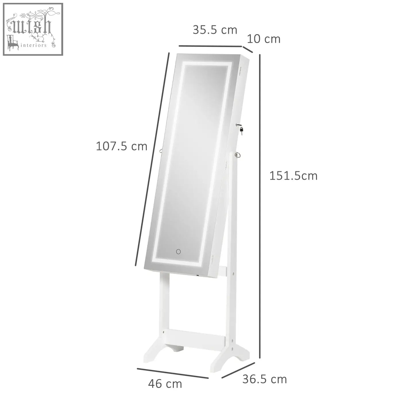 White homcom jewellery cabinet with led light full-length mirror and lockable back featuring earring slots and necklace hooks