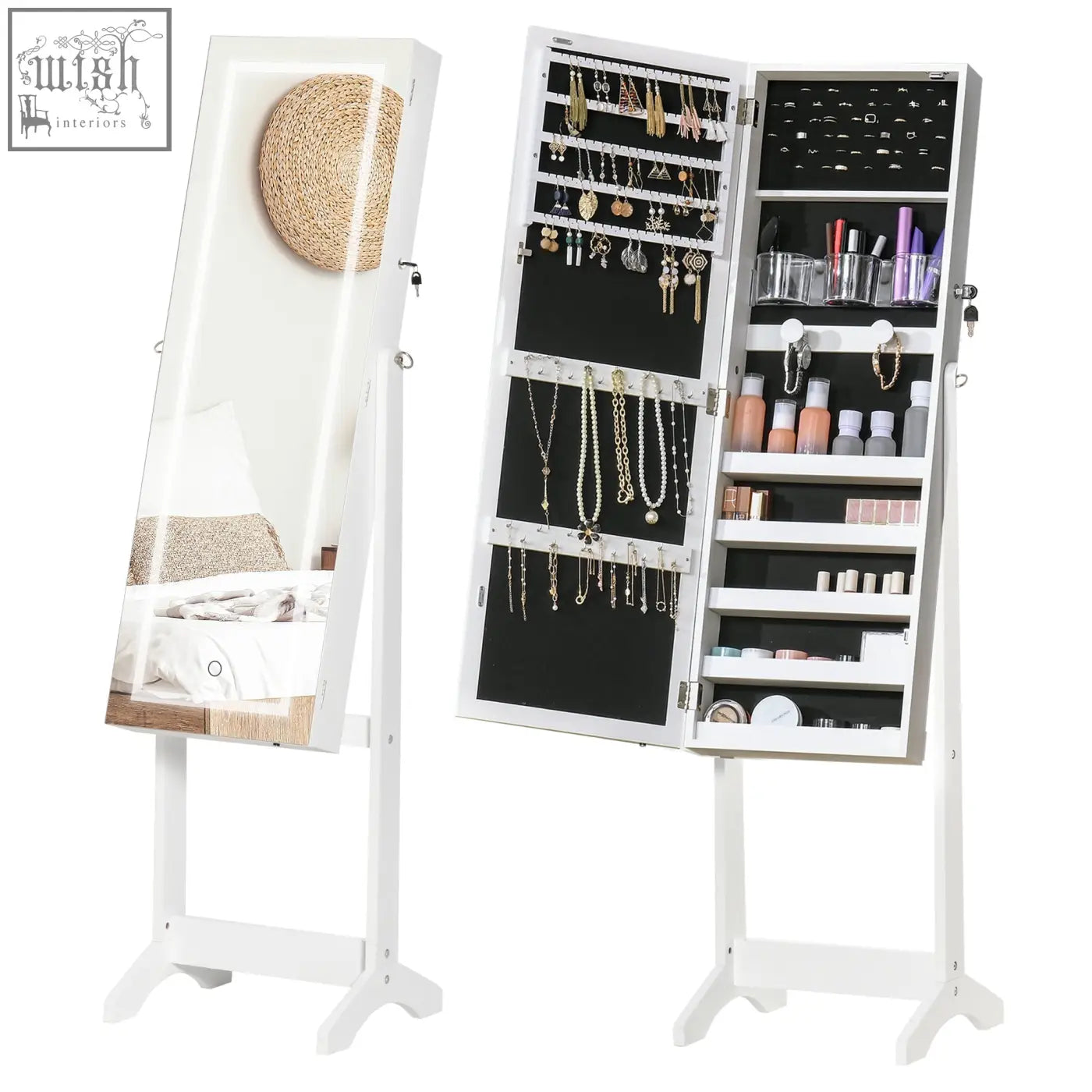White HOMCOM jewelry armoire with LED light, mirrored door, black interior shelves, earring slots, and necklace hooks