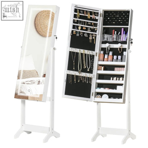 White HOMCOM jewelry armoire with LED light, mirrored door, black interior shelves, earring slots, and necklace hooks
