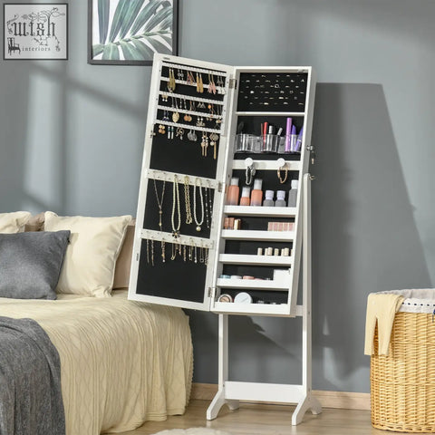 White homcom jewellery cabinet with led light, full-length mirror, black interior earring slots, and necklace hooks for bedroom