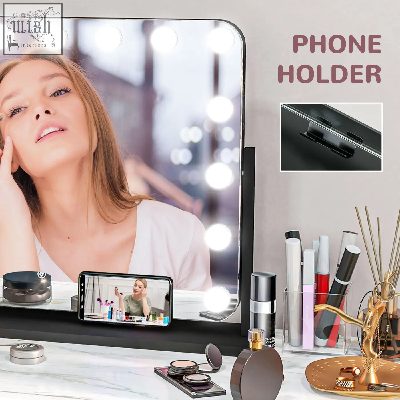 Black framed vanity mirror with led light and phone holder on base part of homcom jewellery cabinet with earring slots and hooks