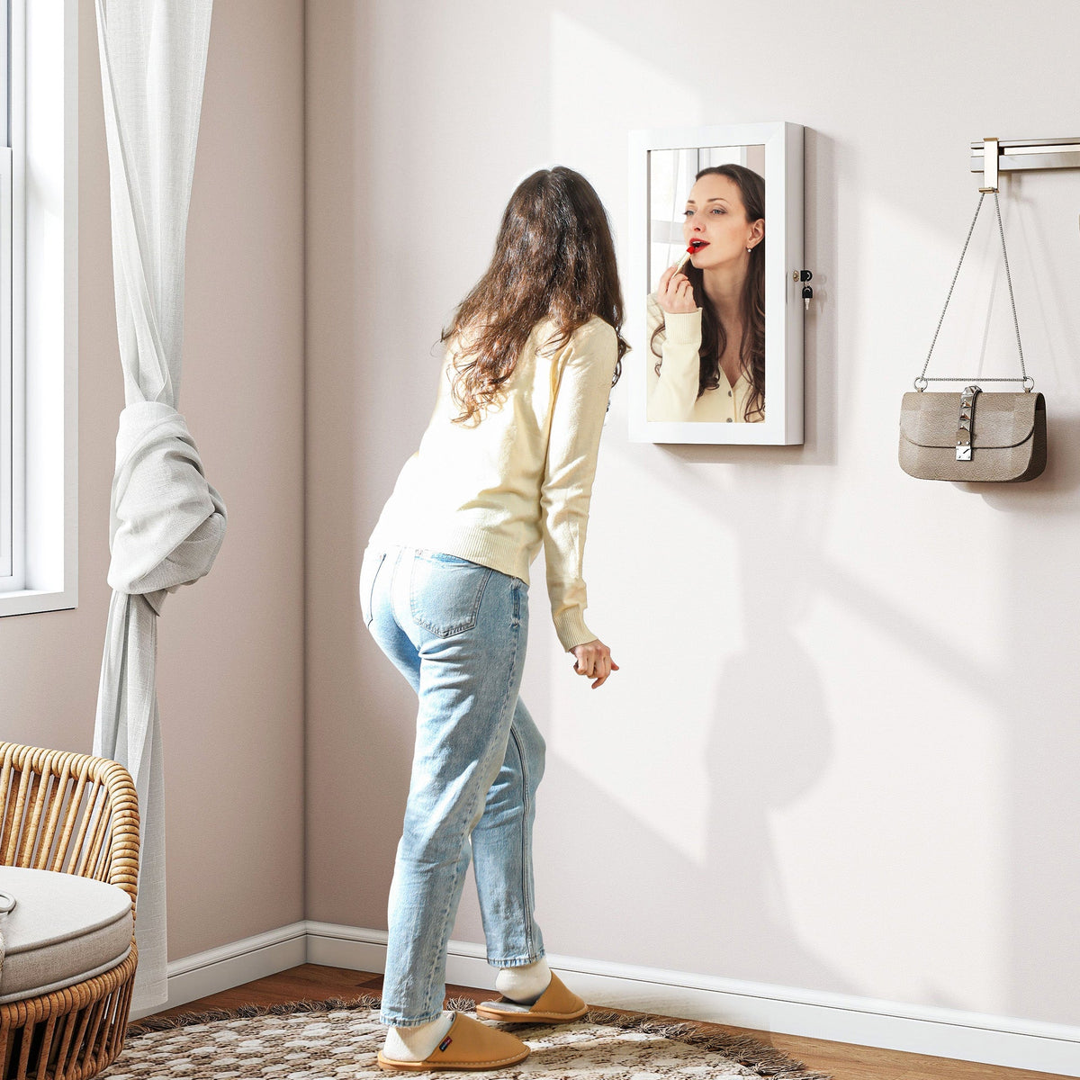 White framed wall-mounted homcom jewelry cabinet with mirror, built-in jewelry box, and secure lock for storage