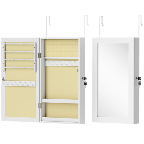 White homcom jewelry cabinet with mirrored door and multiple compartments for organizing earrings necklaces and bracelets