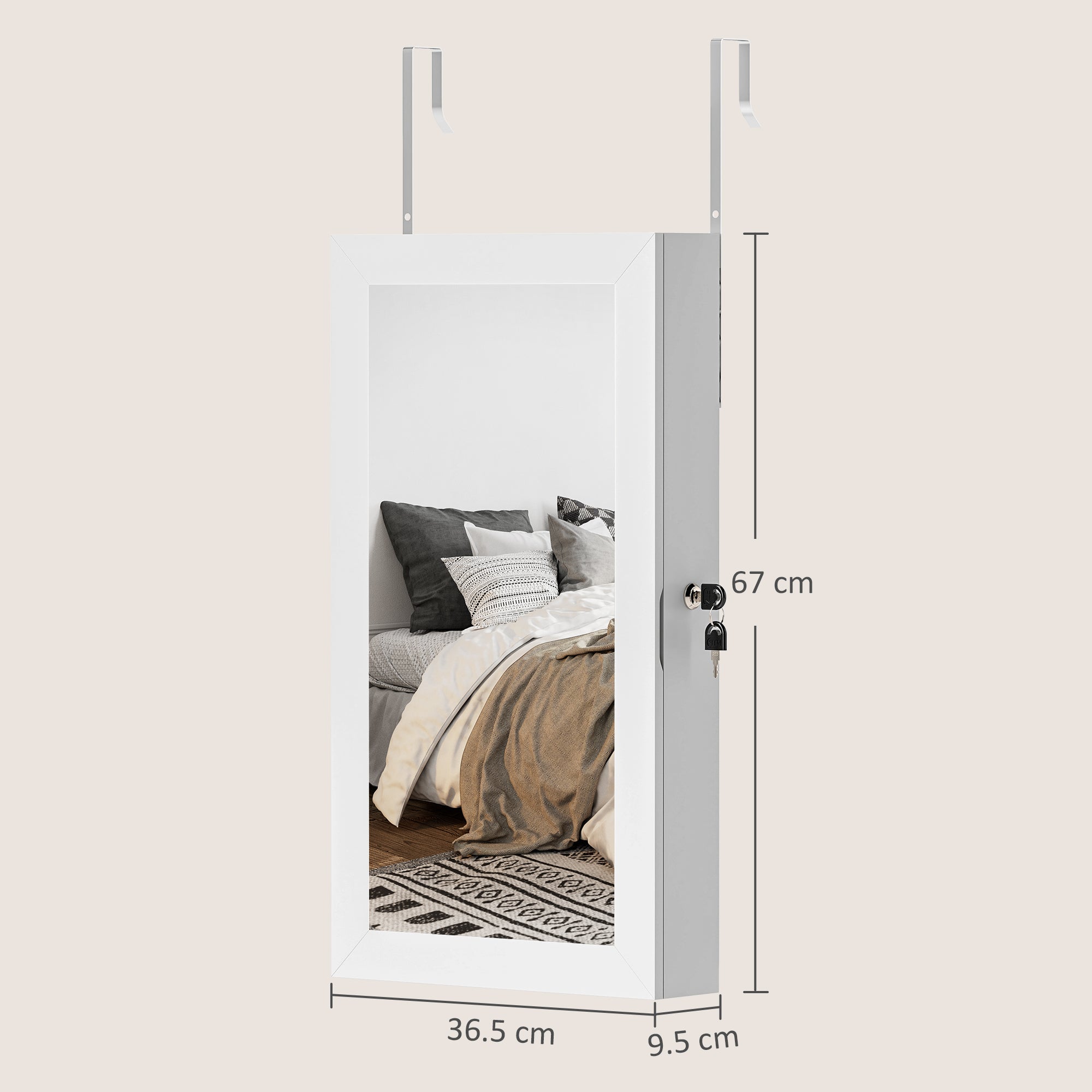 White homcom jewelry cabinet with over the door mirror, lock and key, sleek frame for secure jewelry storage