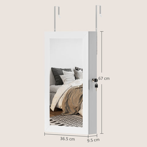 White homcom jewelry cabinet with over the door mirror, lock and key, sleek frame for secure jewelry storage
