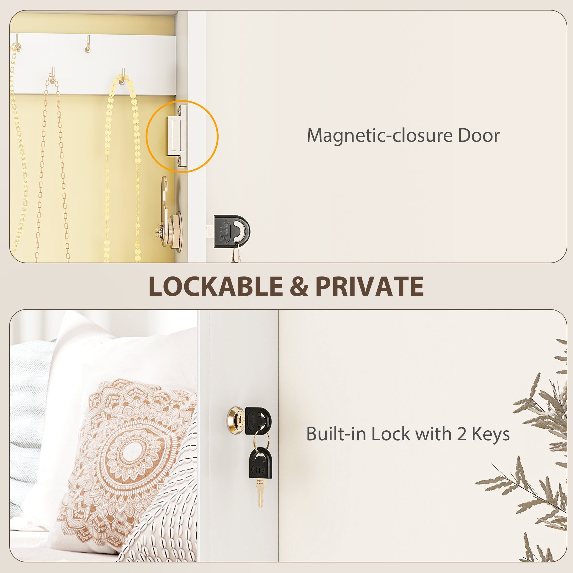 A sleek silver magnetic closure door with built-in lock on the homcom jewelry cabinet white storage unit