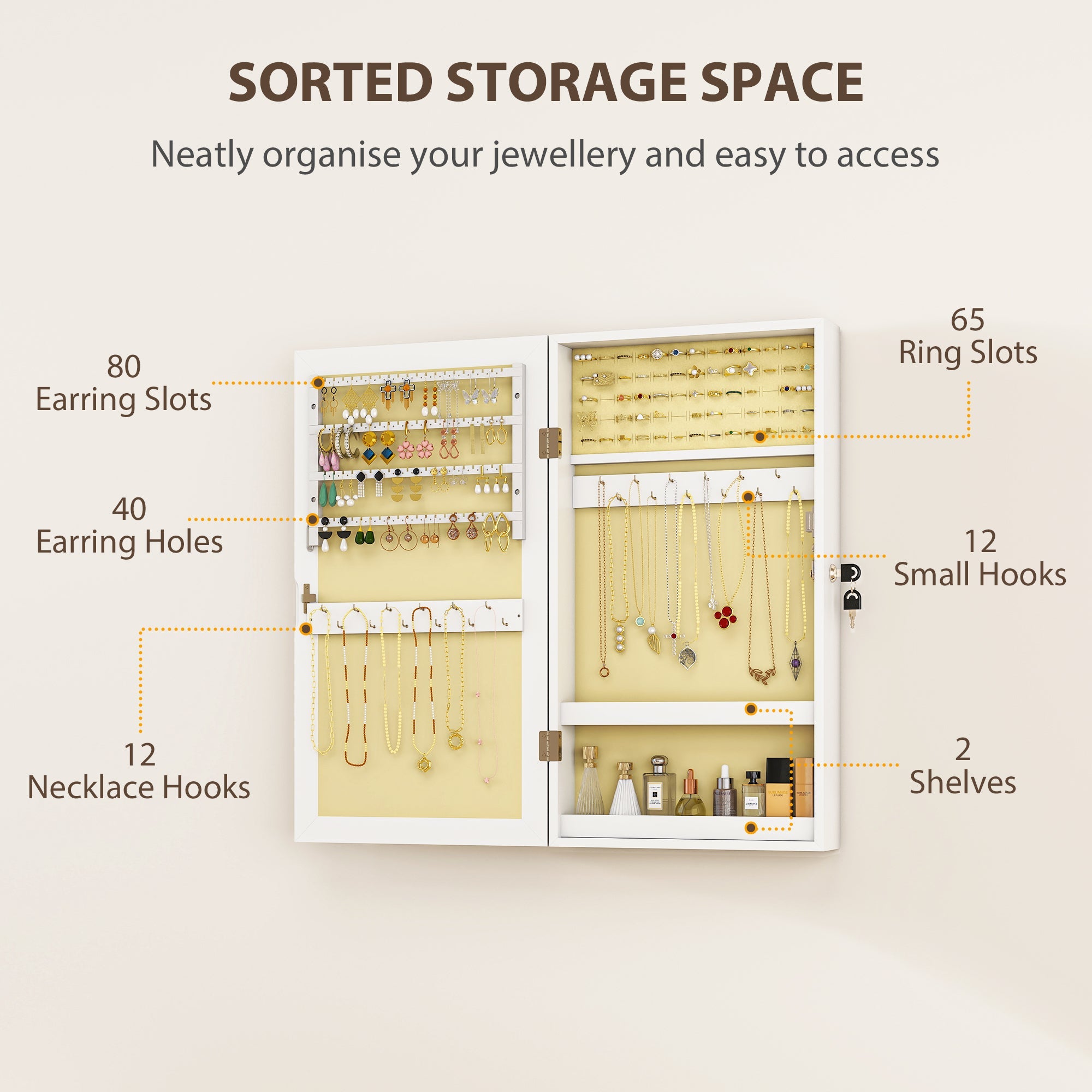 White wall-mounted homcom jewelry cabinet with multiple compartments for earrings necklaces and rings storage