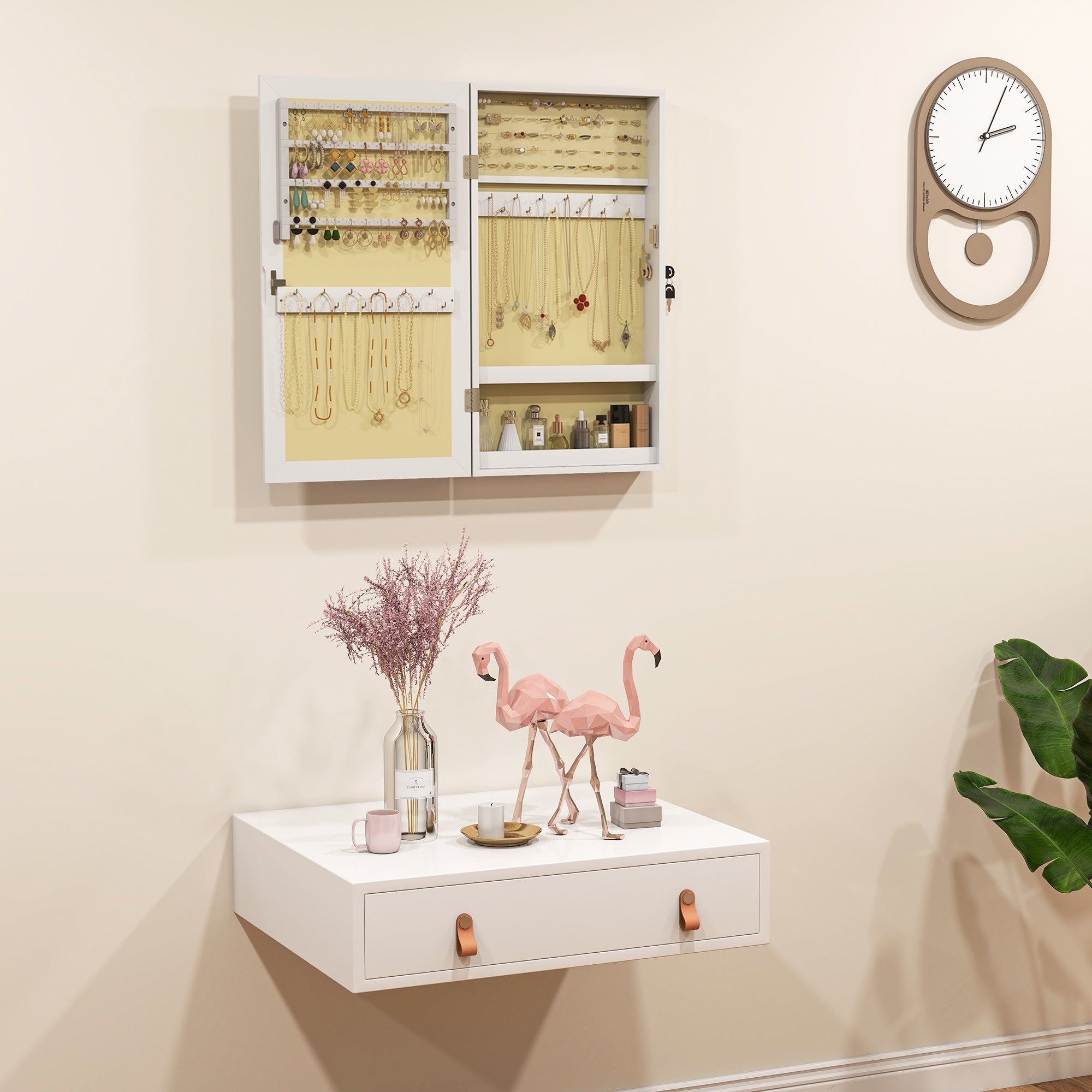 White wall-mounted homcom jewelry cabinet with mirror featuring earring hooks and necklace compartments for storage
