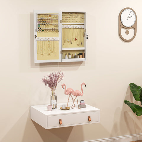 White wall-mounted homcom jewelry cabinet with mirror featuring earring hooks and necklace compartments for storage
