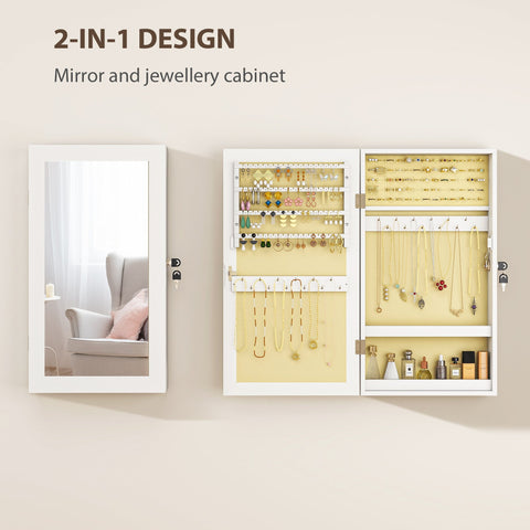 White homcom jewelry cabinet wall-mounted with mirror door and organized interior for earrings necklaces and perfume bottles