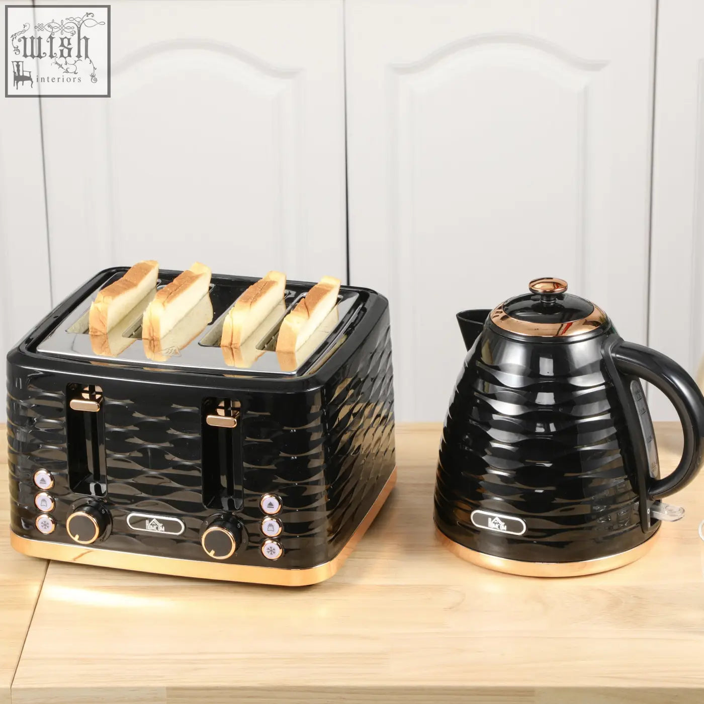 Black and rose gold textured four slot toaster from homcom rapid boil kettle and toaster set with 7 browning controls