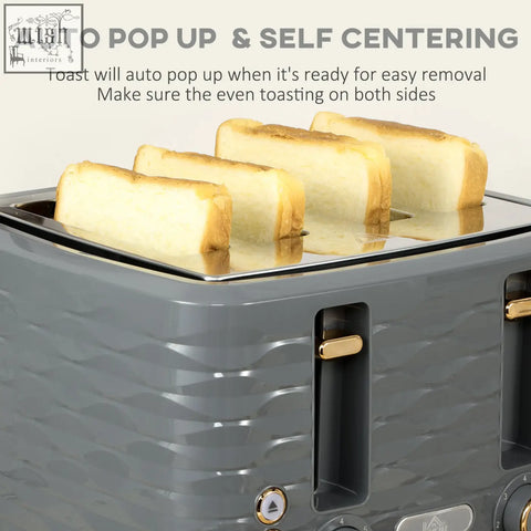 Gray textured four-slice toaster with gold-tone levers from homcom kettle and rapid boil kettle set with 7 browning controls