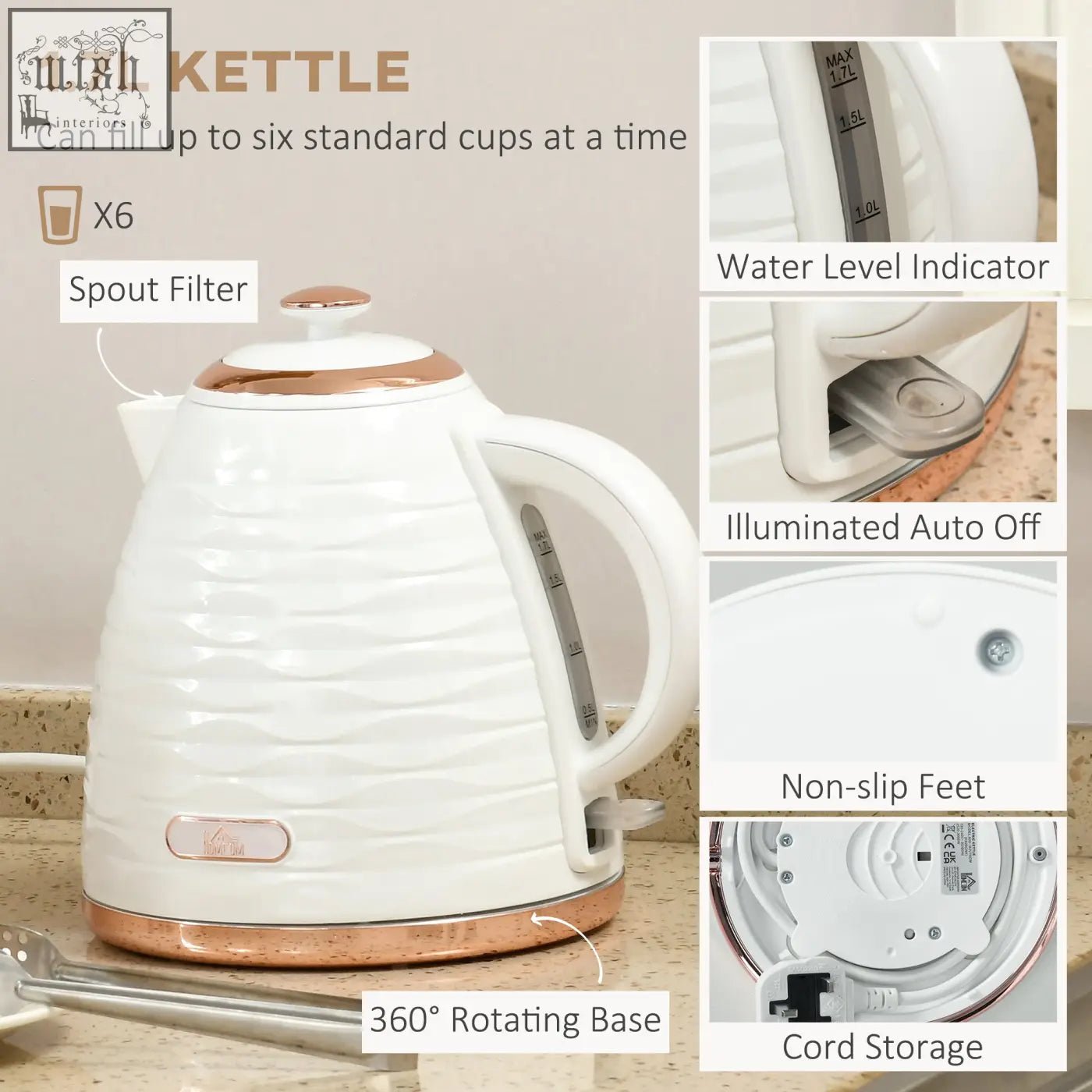 White and rose gold homcom rapid boil kettle with textured ribbed body for quick boil kettle use in cream white set