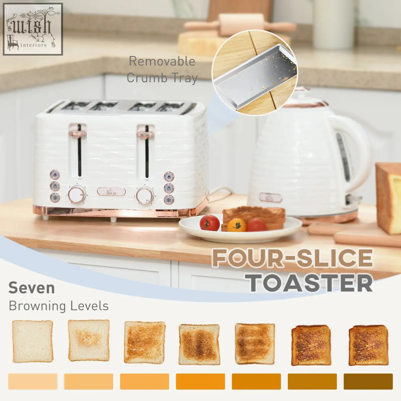 White four slice toaster with rose gold accents and textured finish in homcom rapid boil kettle and toaster set