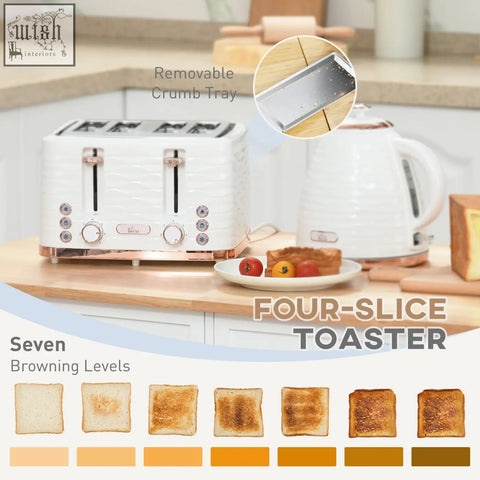 White four slice toaster with rose gold accents and textured finish in homcom rapid boil kettle and toaster set