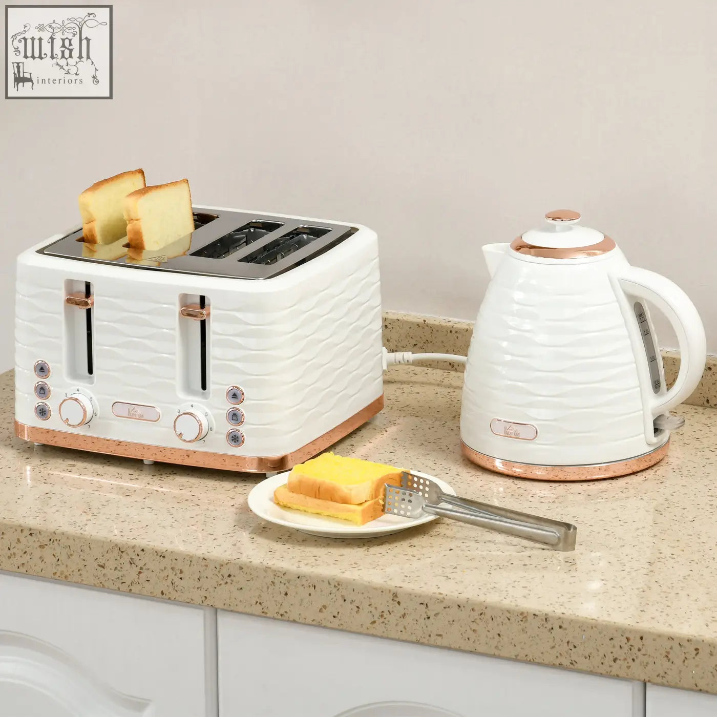 White and rose gold wavy-textured toaster with two slices of toast from homcom rapid boil kettle and toaster set
