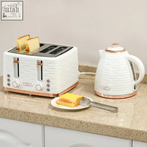 White and rose gold wavy-textured toaster with two slices of toast from homcom rapid boil kettle and toaster set