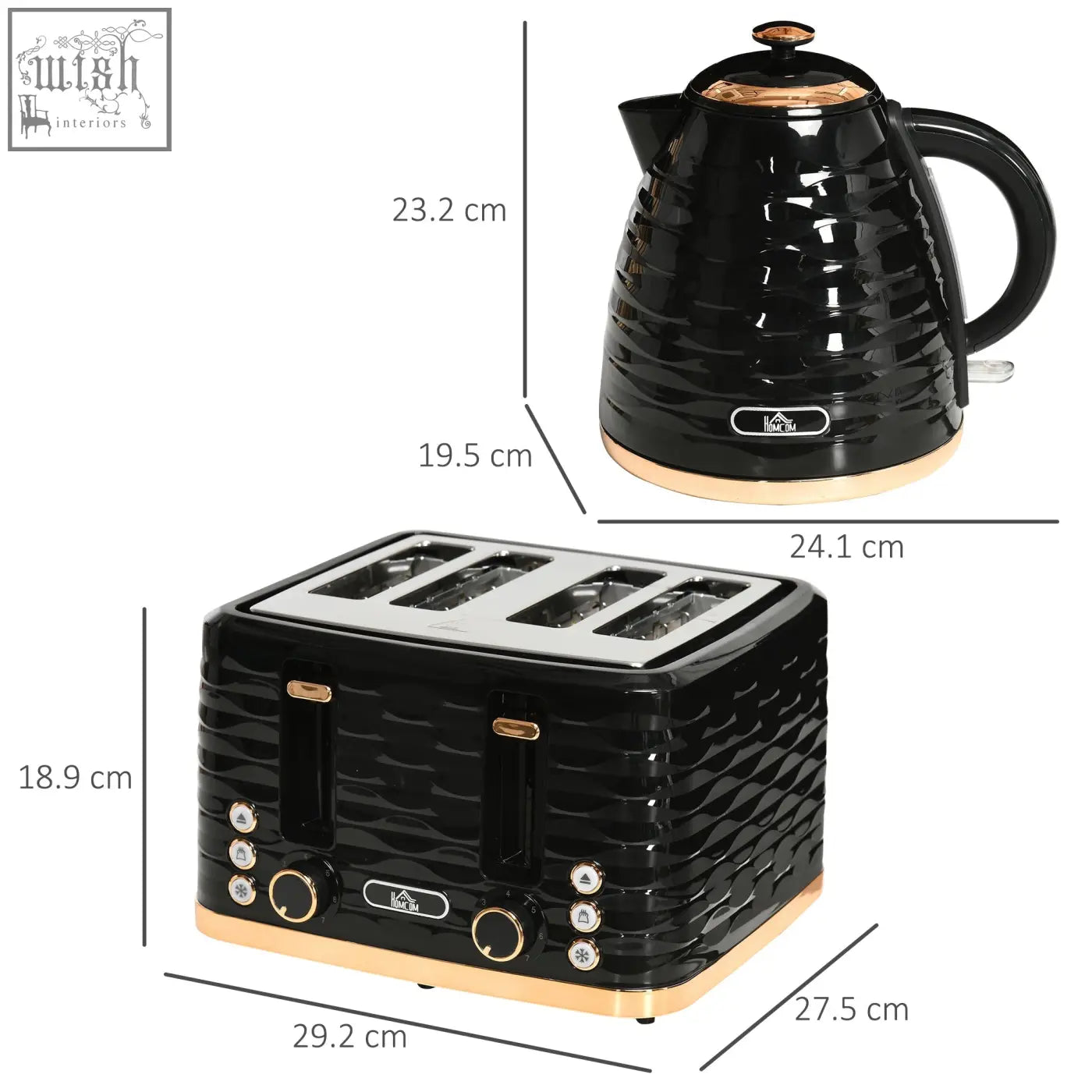 Black ceramic HOMCOM rapid boil kettle and 4 slice toaster set with gold accents and 7 browning controls