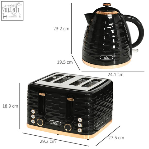 Black ceramic HOMCOM rapid boil kettle and 4 slice toaster set with gold accents and 7 browning controls