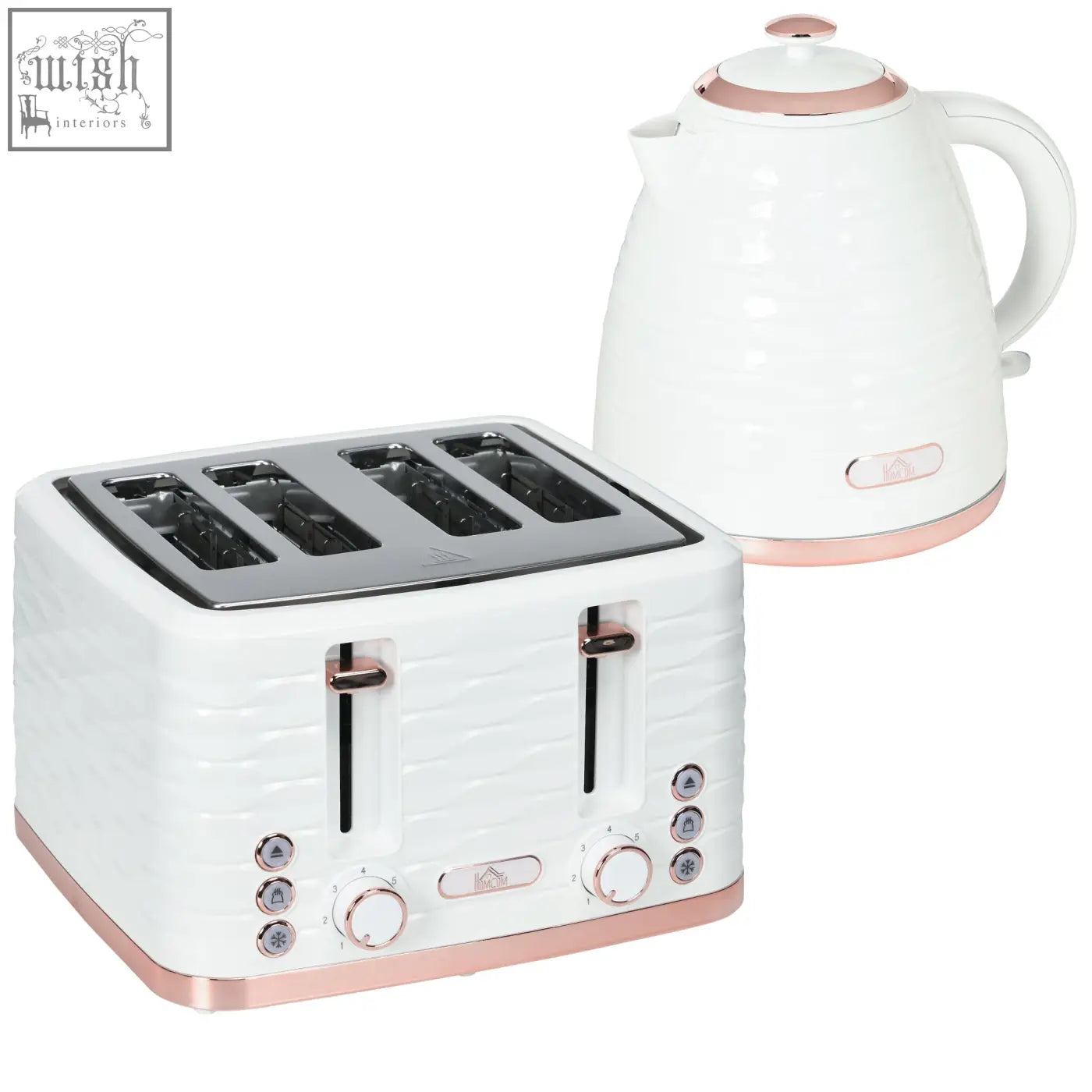 Cream white homcom rapid boil kettle and 4 slice toaster set with rose gold accents and textured surface