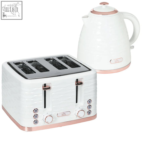 Cream white homcom rapid boil kettle and 4 slice toaster set with rose gold accents and textured surface