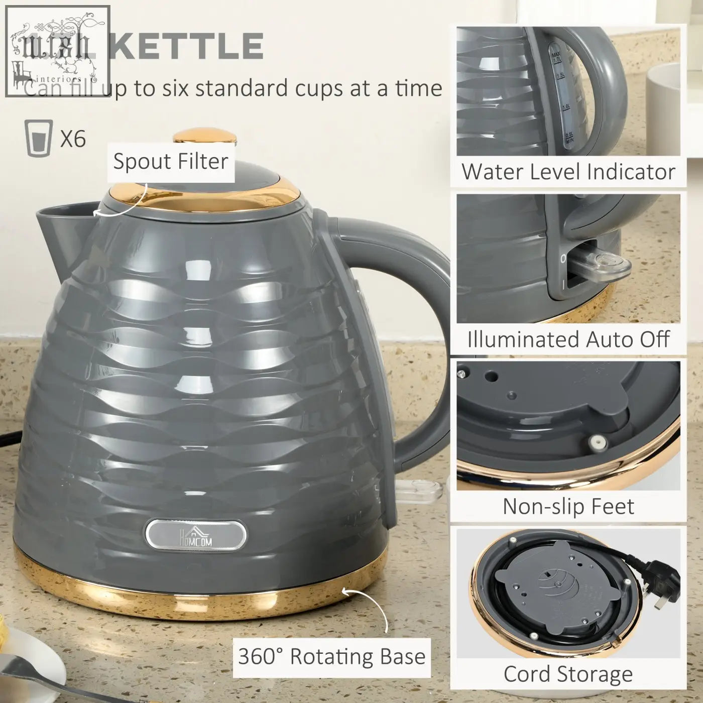 Gray homcom rapid boil kettle with gold accents 1.7l capacity and textured wavy design for quick boil use