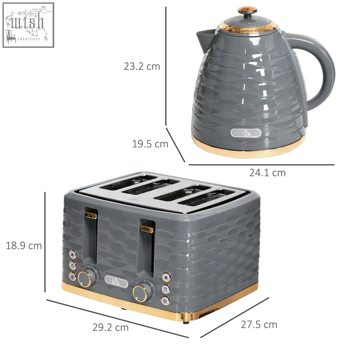 Gray ceramic rapid boil kettle and 4 slice toaster set with gold accents and 7 browning controls by homcom