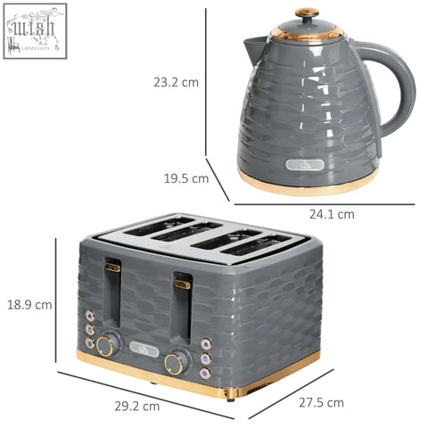 Gray ceramic rapid boil kettle and 4 slice toaster set with gold accents and 7 browning controls by homcom