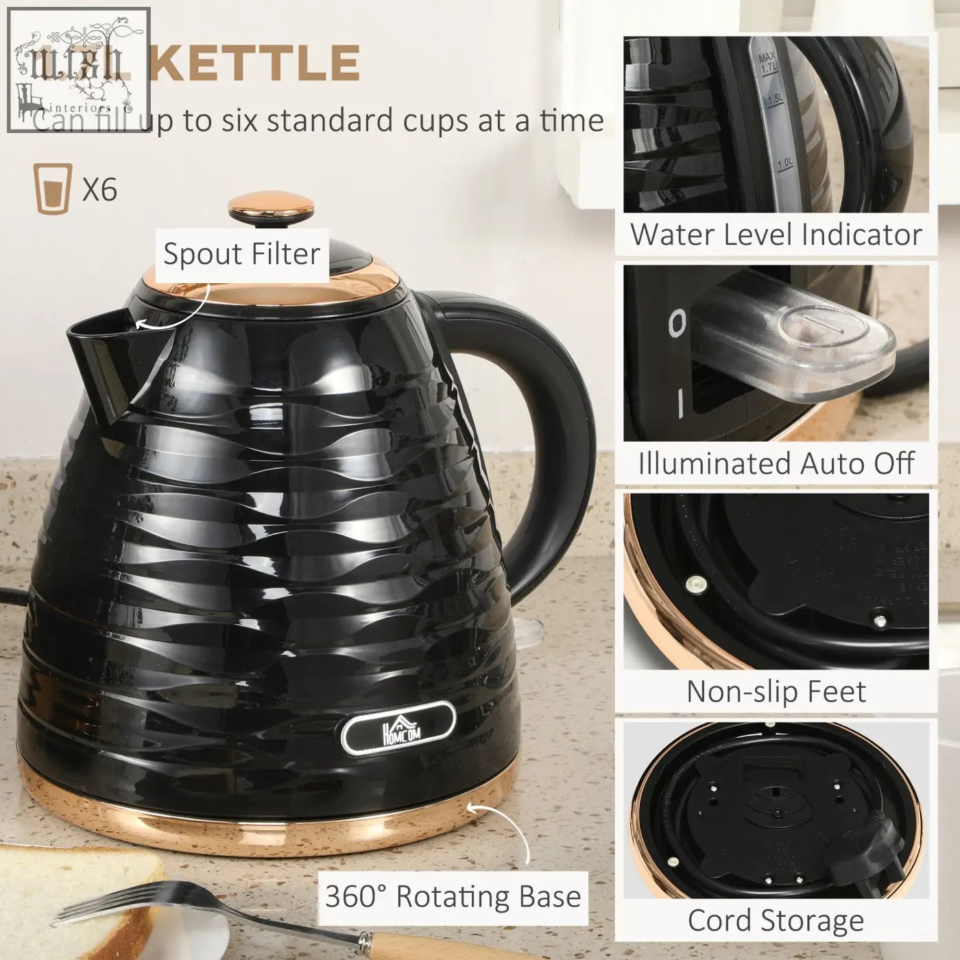 Black and copper-accented 1.7l homcom rapid boil kettle with ribbed body and sleek spout filter design