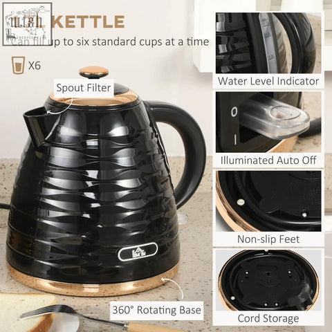 Black and copper-accented 1.7l homcom rapid boil kettle with ribbed body and sleek spout filter design