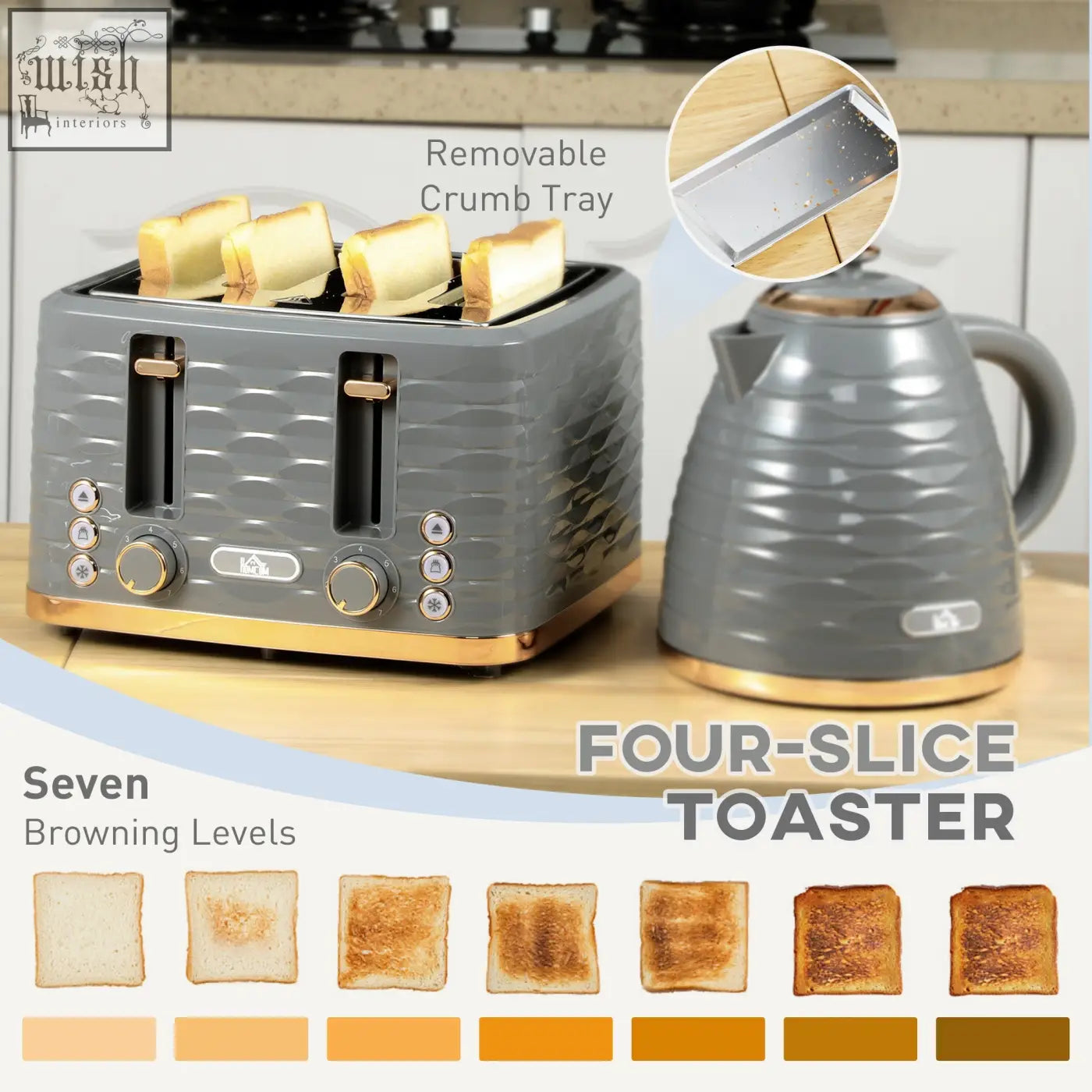 Gray textured four-slice toaster with gold accents and removable crumb tray in homcom rapid boil kettle set