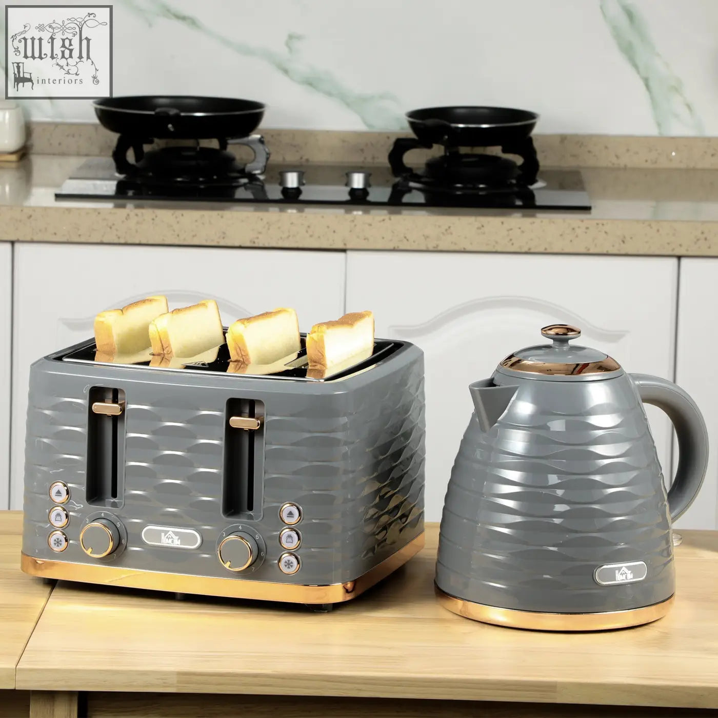 Gray HOMCOM rapid boil kettle and toaster set with gold accents textured surfaces and 7 browning controls