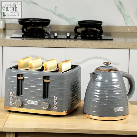 Gray HOMCOM rapid boil kettle and toaster set with gold accents textured surfaces and 7 browning controls