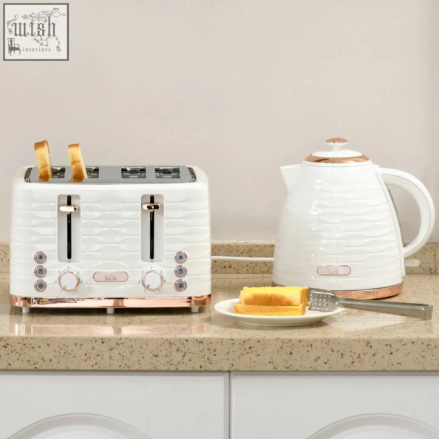 White ceramic toaster with rose gold accents and textured surface from homcom rapid boil kettle set in cream white