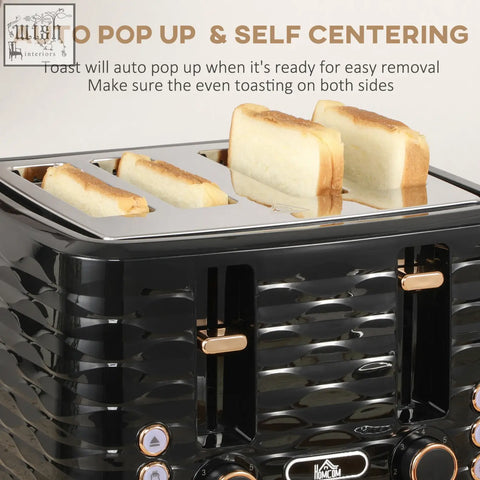Black textured four-slice toaster with rose gold accents and auto pop-up function in homcom rapid boil kettle set