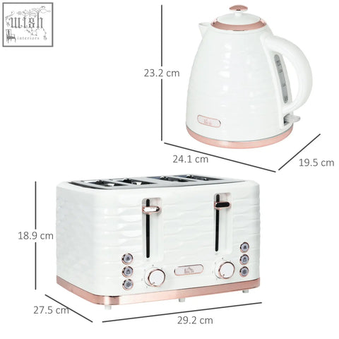 White ceramic HOMCOM 4 slice toaster with rose gold accents and rapid boil kettle in cream white set