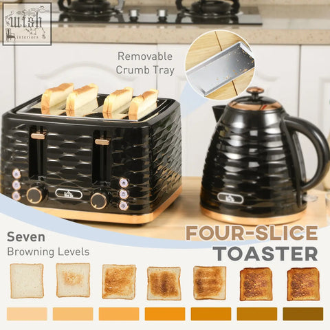 Black textured four slice toaster with gold accents and removable crumb tray from homcom rapid boil kettle set