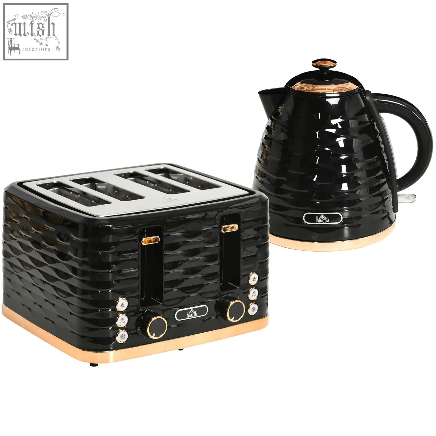 Black ceramic four slice toaster with copper accents and wavy texture in homcom rapid boil kettle and toaster set