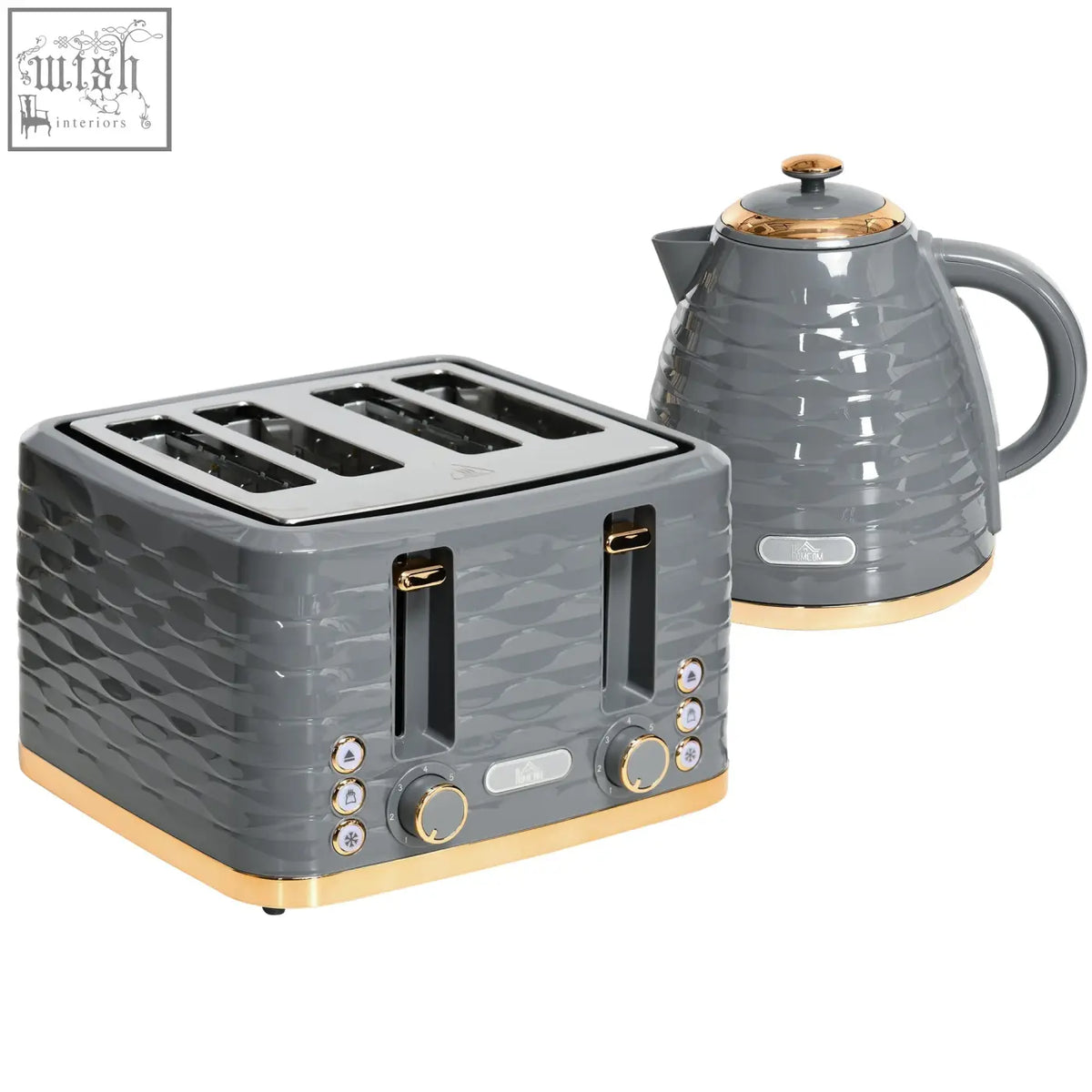 Gray ceramic HOMCOM 4 slice toaster with gold accents and wavy texture paired with rapid boil kettle set