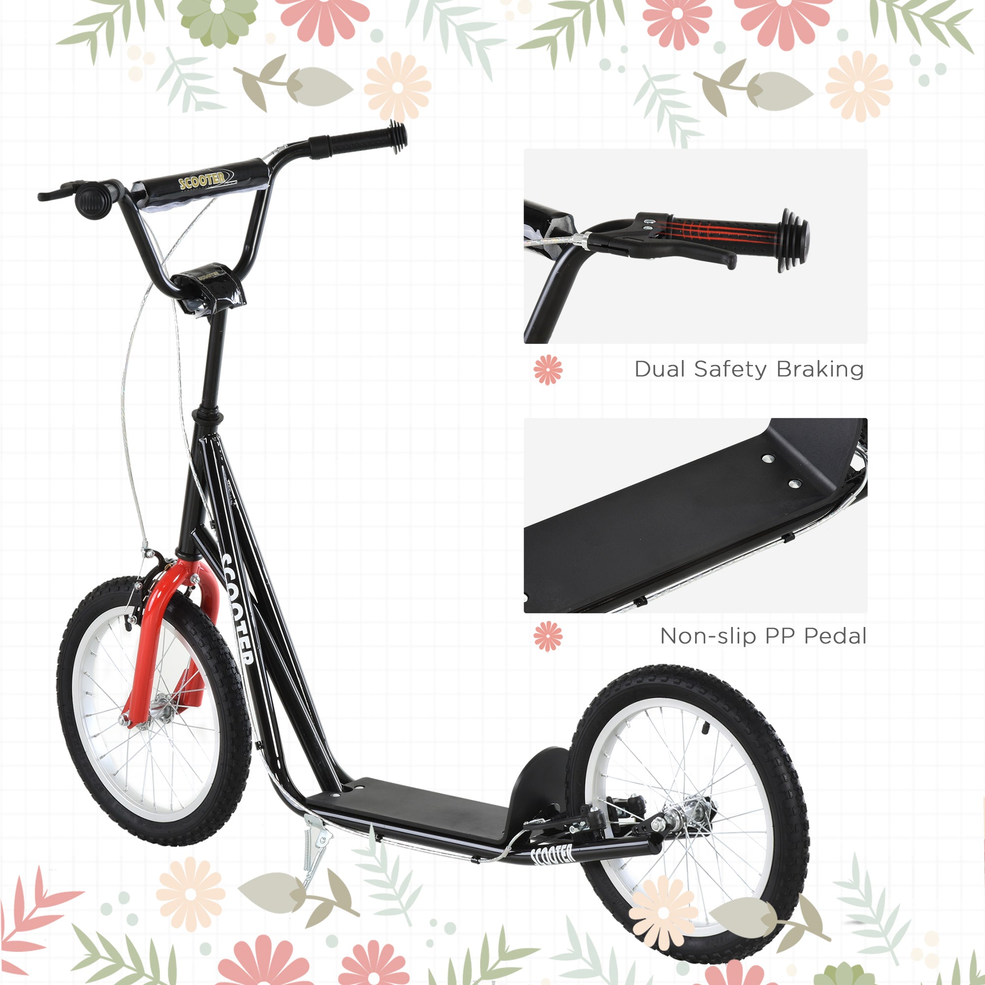 Black and red homcom kick scooter for kids with adjustable height sturdy metal frame and rubber wheels for ages 5 plus
