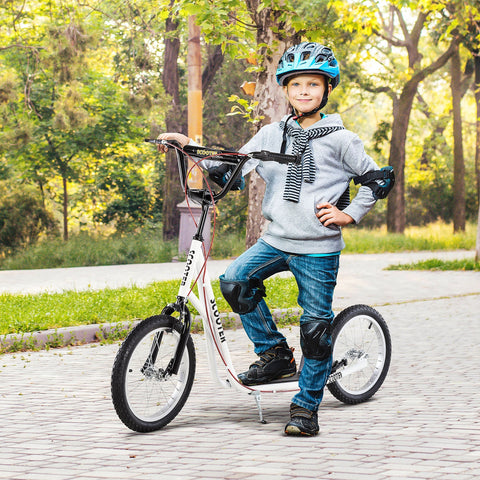 White and black homcom kick scooter for kids with adjustable height rubber wheels and a blue helmet on the deck