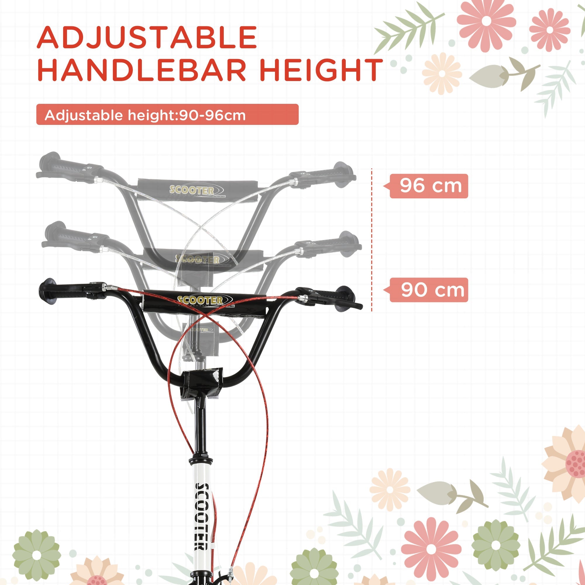 Black adjustable handlebar with ergonomic grips on white homcom kick scooter for kids with rubber wheels