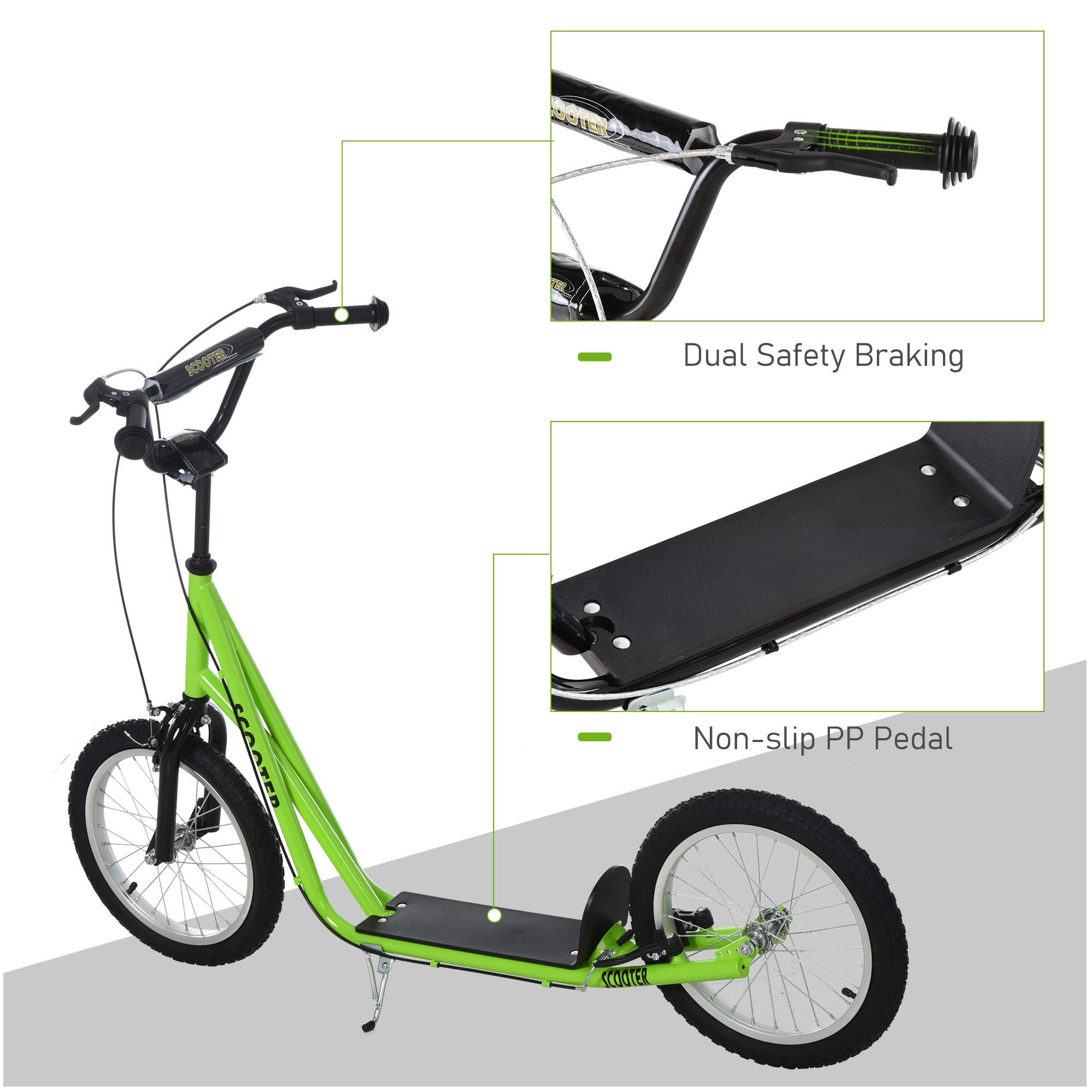 Bright green and black homcom kick scooter for kids with dual brakes adjustable height and rubber wheels