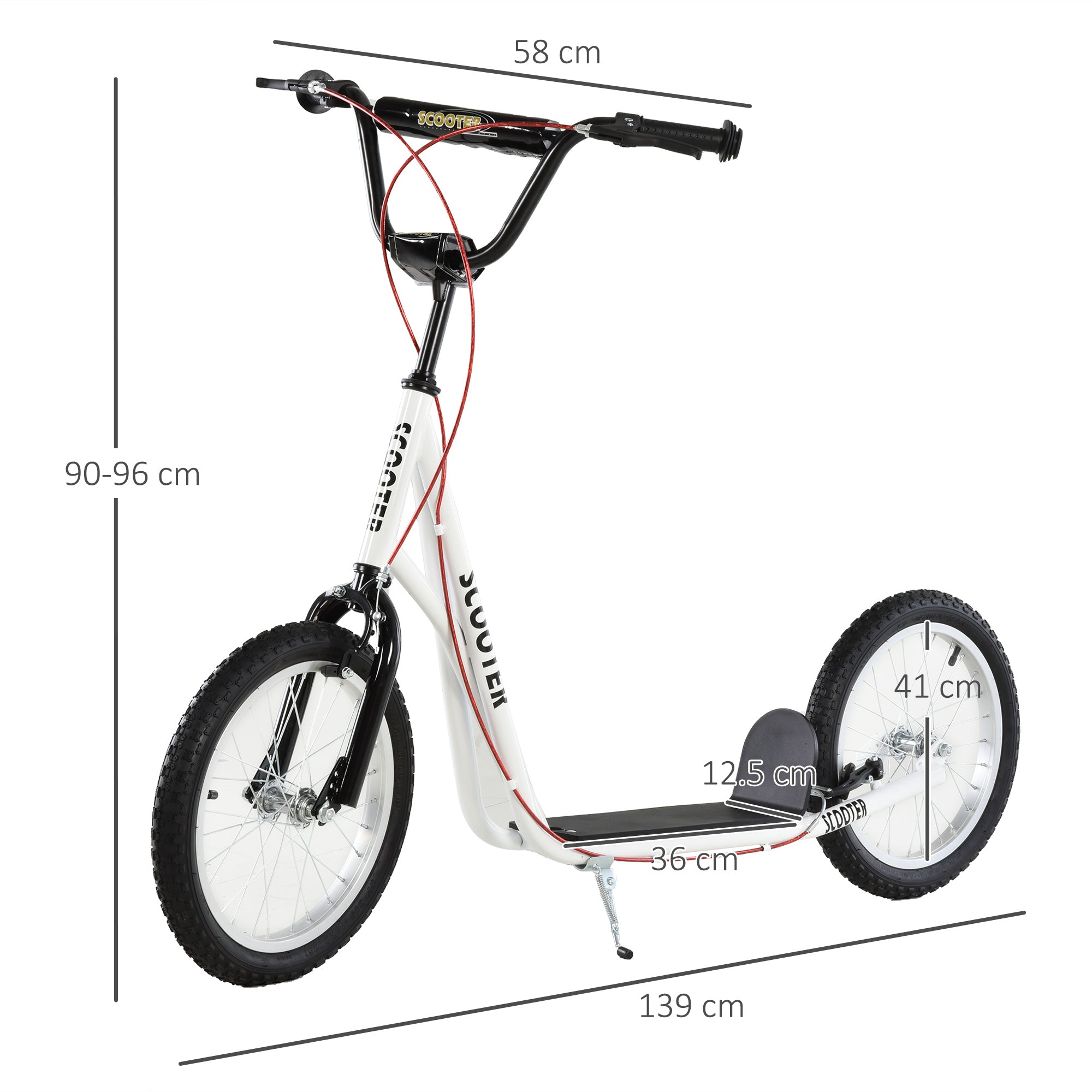 White and black HOMCOM kick scooter with red accents, adjustable height, sturdy frame, and rubber wheels for kids 5+