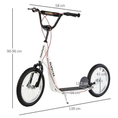 White and black HOMCOM kick scooter with red accents, adjustable height, sturdy frame, and rubber wheels for kids 5+
