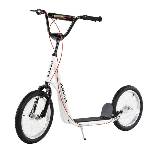 White and black homcom kick scooter with red accents featuring rubber wheels and adjustable height for kids 5 plus years