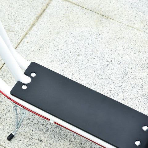 Black rectangular footplate with four mounting holes on white and red homcom kids scooter with rubber wheels