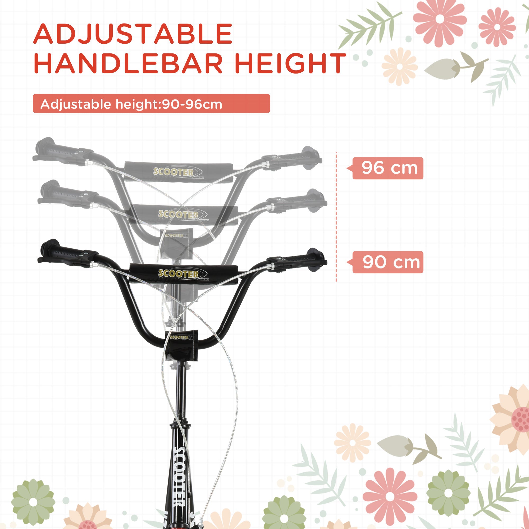 Black adjustable handlebar for homcom kids scooter with rubber wheels and scooter brand name on stem and grips