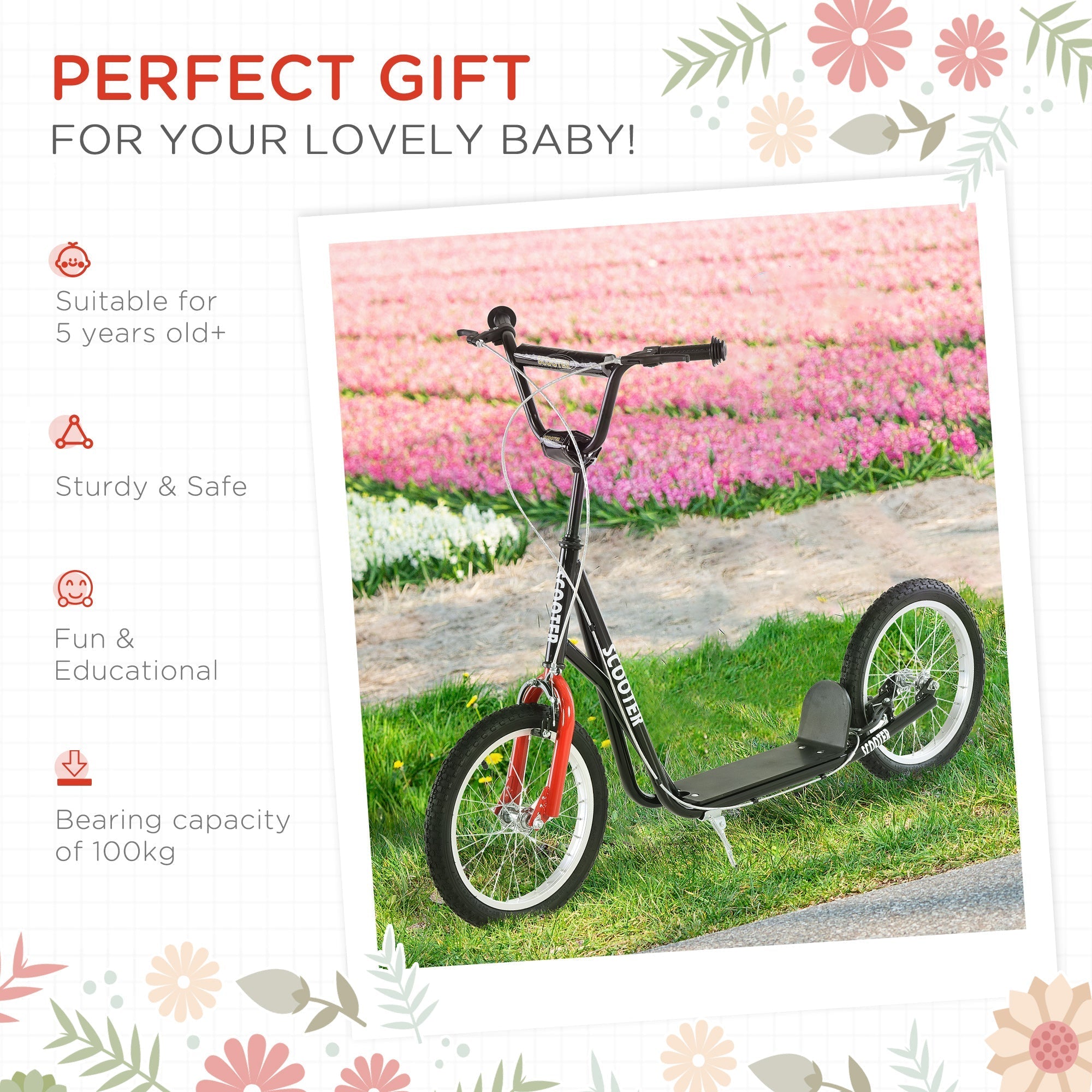 Black and red homcom kids kick scooter with rubber wheels, adjustable height, sturdy frame, and anti-slip deck